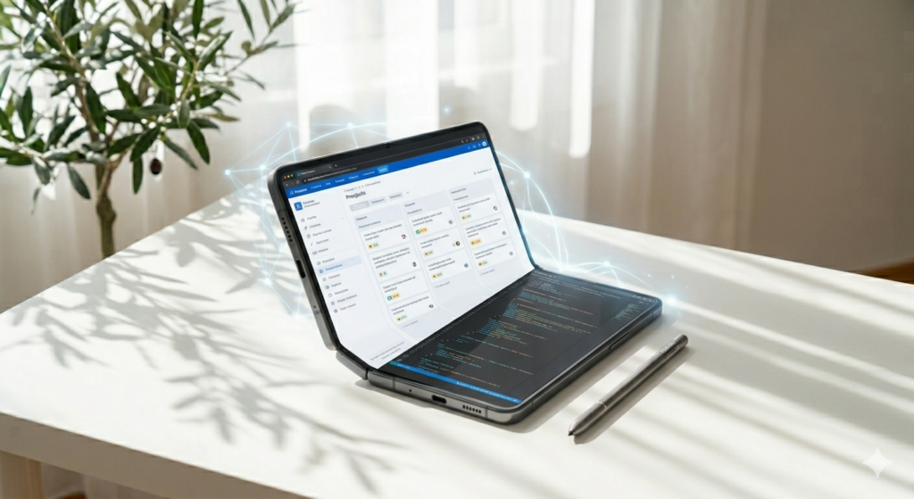 Ένα premium, αναδιπλούμενο (foldable) Android smartphone σε χρήση, μισάνοιχτο σε ένα μινιμαλιστικό γραφείο, επιδεικνύοντας την καινοτομία hardware και τις δυνατότητες multitasking του Android