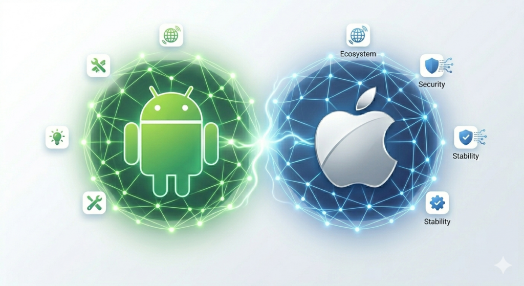 Conceptual ψηφιακή απεικόνιση της σύγκρισης Android vs iPhone για το 2026. Το πράσινο Android ρομπότ και το ασημί Apple μήλο face off σε ένα δίκτυο AI κυκλωμάτων, που αντιπροσωπεύει τη μάχη των οικοσυστημάτων