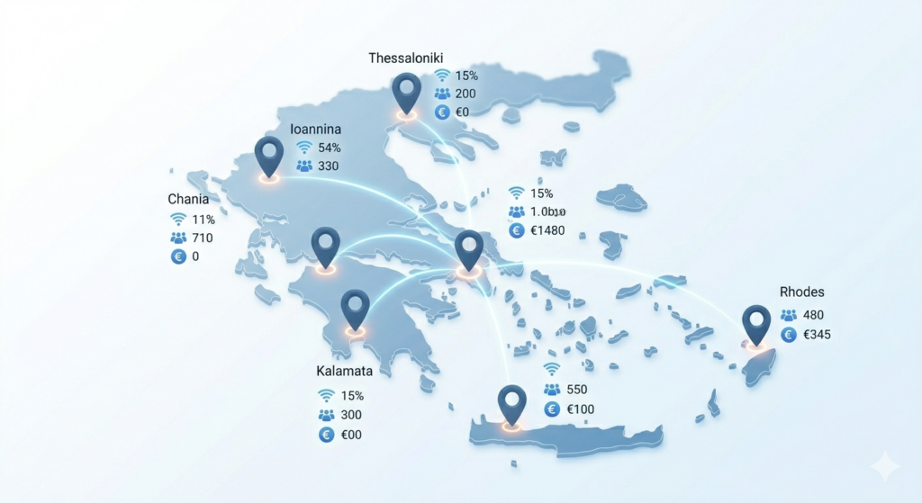 Ψηφιακός χάρτης της Ελλάδας για Digital Nomads το 2026, που δείχνει τα Χανιά, τα Ιωάννινα, τη Ρόδο, την Καλαμάτα και τη Θεσσαλονίκη με δείκτες για ταχύτητα 5G, διαθεσιμότητα οπτικής ίνας και κόστος ζωής