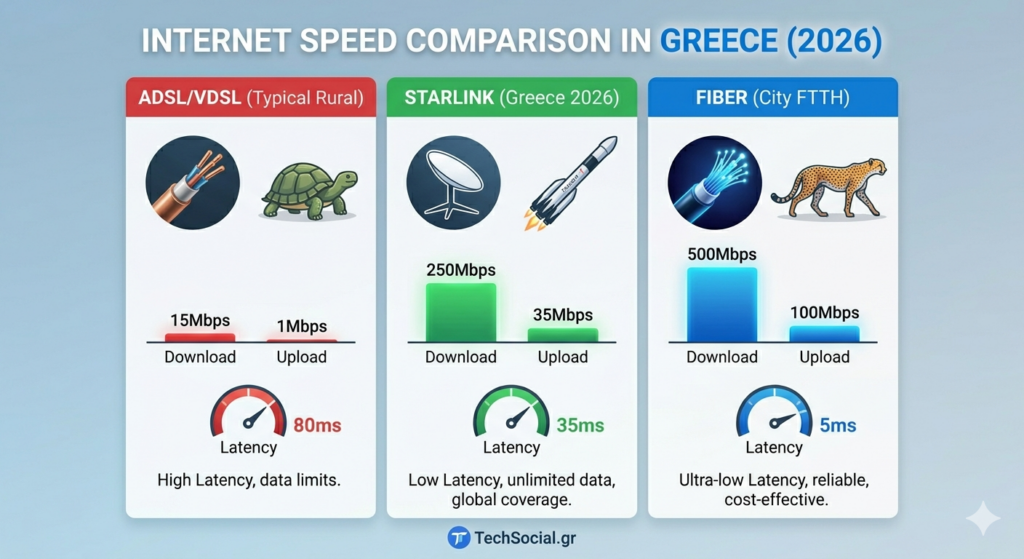 Infographic που συγκρίνει τις ταχύτητες internet στην Ελλάδα (2026). Δείχνει ADSL (15Mbps Download, 80ms Latency), Starlink (250Mbps Download, 35ms Latency) και Fiber FTTH (500Mbps Download, 5ms Latency), τονίζοντας τα πλεονεκτήματα του Starlink σε απομακρυσμένες περιοχές.